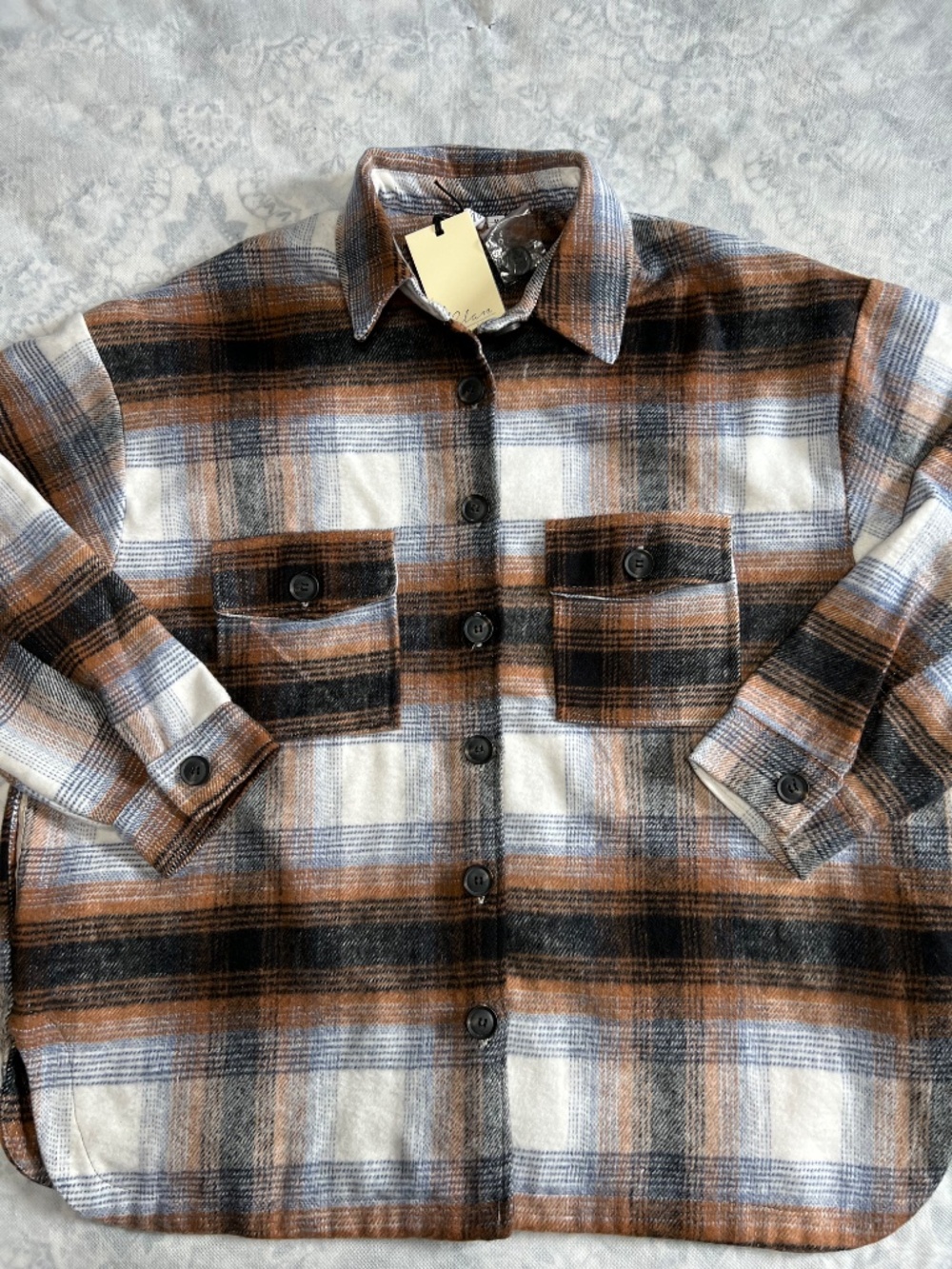 NWT Elan Sz M Brown Riley Plaid Shacket Boxy Flannel Lined Pockets Shirt Jacket